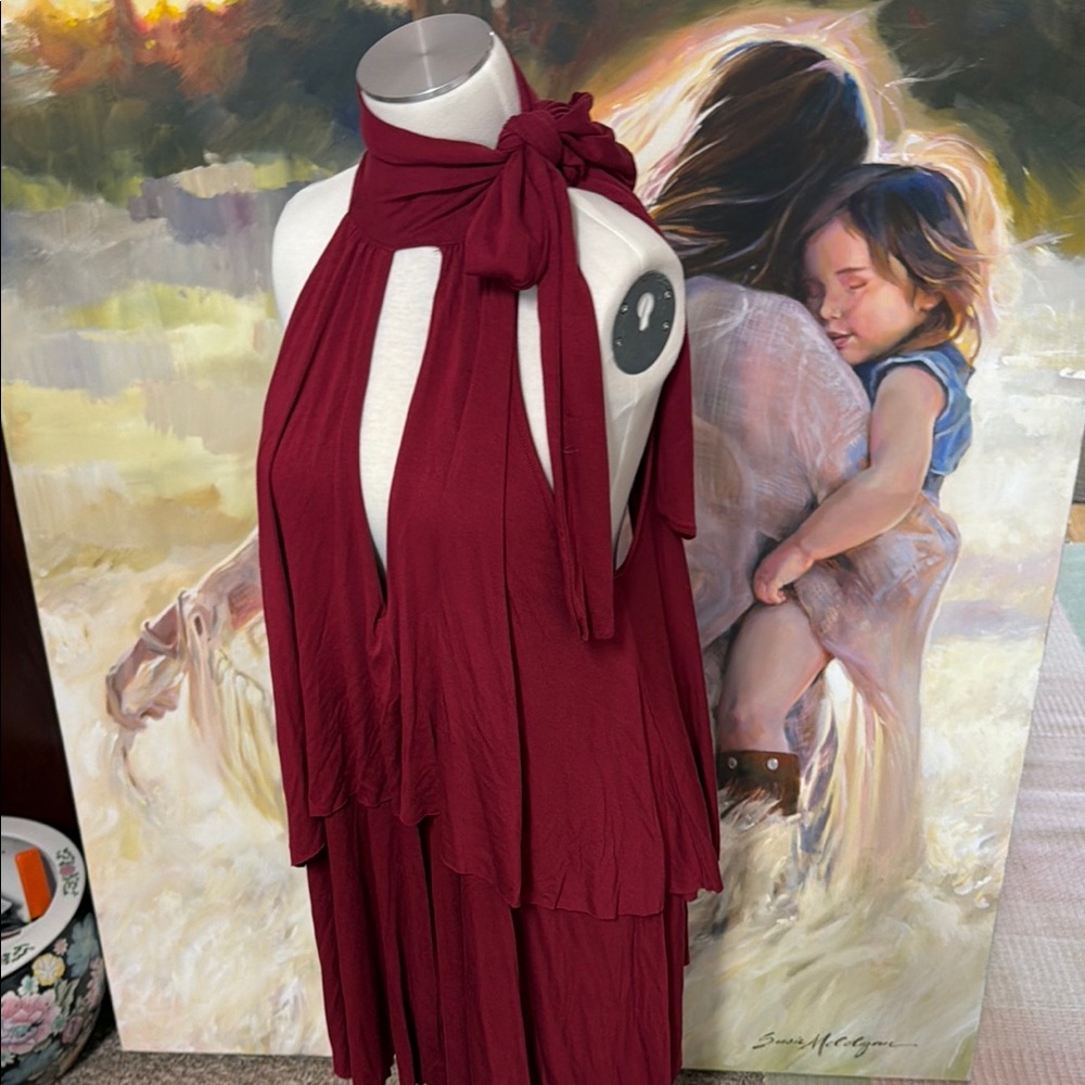 Free People Sleeveless Ruby Red Burgundy Halter Tie-Neck Dress